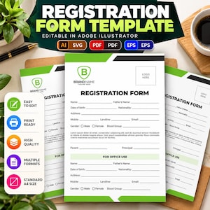 May include: A registration form template featuring a green and white layout with fields for personal details, including name, address, and contact information. The document includes a section for office use and a placeholder for a logo.