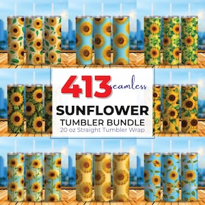 May include: A collection of 20 oz straight tumbler wraps featuring sunflower designs. The tumblers showcase various patterns, including full sunflowers, sunflower heads on a light blue background, and sunflower arrangements with green leaves. The text "413 seamless SUNFLOWER TUMBLER BUNDLE" is displayed.