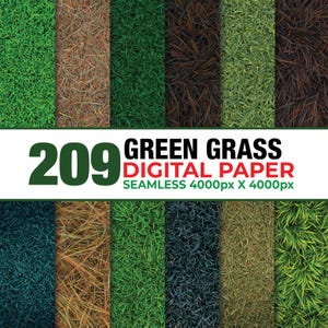 Puede incluir: Un gráfico de papel digital con varias texturas de hierba verde. La imagen incluye una pancarta con el texto "209 GREEN GRASS DIGITAL PAPER SEAMLESS 4000px X 4000px". Las texturas de la hierba varían en color y estilo, de verde claro a marrón oscuro.