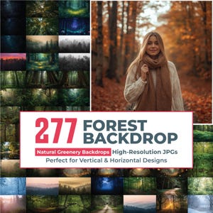 Puede incluir: Una colección digital de 277 imágenes de fondo de bosque con diversas escenas boscosas, incluyendo árboles con niebla, senderos soleados y vegetación densa, presentada con una foto de muestra de una persona con bufanda en un bosque.