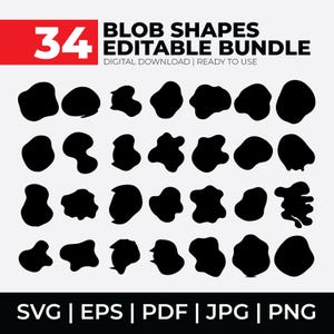 Può includere: Un pacchetto grafico scaricabile digitalmente con 34 forme di blob neri. L'immagine include il testo "34 BLOB SHAPES EDITABLE BUNDLE" in bianco e nero, con opzioni di formato file: SVG, EPS, PDF, JPG e PNG.