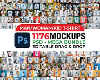 1176 PSD T-shirt Mockup Bundel, PSD Zwaar katoenen T-shirt Mockup Bundel, PSD Boho Flat Lay T-shirt Mock-ups, Kleding Mockup Bundel, Wit T-shirt