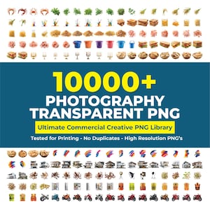 May include: A digital collection of 10000+ photography transparent PNG files featuring diverse imagery including crabs, herbs, paint splashes, sandwiches, buckets, houses, motorcycles, and safety vests, presented on a dark blue background.