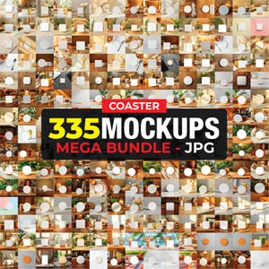 Könnte beinhalten: Eine Sammlung von 335 Untersetzer-Mockups in verschiedenen Stilen, darunter quadratische und runde Designs. Das Bild zeigt eine Vielzahl von Untersetzern mit unterschiedlichen Texturen und Materialien, angeordnet in einem Raster. Der Text "COASTER 335 MOCKUPS MEGA BUNDLE - JPG" ist prominent dargestellt.