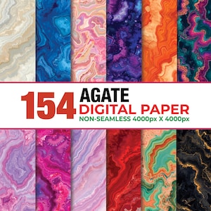 May include: A collection of 154 digital paper files featuring agate stone patterns in various colors including blue, pink, purple, orange, red, green, and black. The text reads 154 AGATE DIGITAL PAPER NON-SEAMLESS 4000px X 4000px.