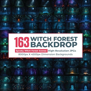 Può includere: Una collezione di 163 file di immagini digitali con scene di foreste di streghe. L'etichetta bianca centrale mostra il testo 163 WITCH FOREST BACKDROP, Spooky Witch Forest Scenes, High-Resolution JPGs, 8000px X 4500px Dimension Backgrounds.
