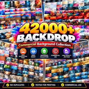May include: A digital collection of 42000+ backdrops and commercial backgrounds featuring diverse scenes, colors, and textures. The display includes icons for high resolution, print ready, organized, commercial use, and high quality JPG files.