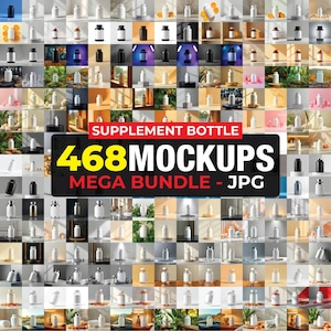 Pode incluir: Uma grade de vários mockups de frascos de suplementos em diferentes cores e estilos. A imagem inclui uma faixa central com o texto "SUPPLEMENT BOTTLE 468 MOCKUPS MEGA BUNDLE - JPG". Os frascos são dispostos sobre um fundo branco.