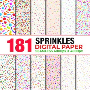 Può includere: Una collezione di design di carta digitale con sprinkles colorati. L'immagine include una varietà di motivi con diversi colori e disposizioni di sprinkles. Il testo recita "181 SPRINKLES DIGITAL PAPER SEAMLESS 4000px X 4000px".