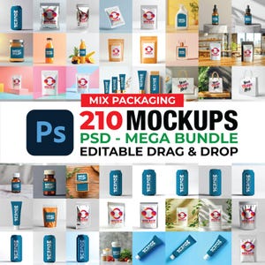 Pode incluir: Uma coleção digital de 210 maquetes de embalagens editáveis apresentando vários frascos, sachês, tubos e sacos com o texto Mix Packaging 210 Mockups PSD Mega Bundle Editable Drag & Drop exibido no centro da grade de imagens.