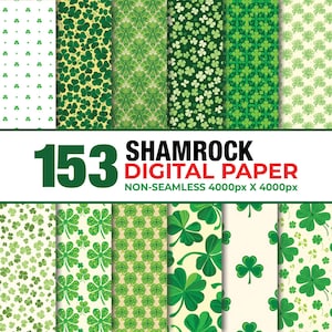 Puede incluir: Una colección de 153 papeles digitales Shamrock con patrones verdes. Los diseños incluyen tréboles, hojas de trébol y otros motivos relacionados. El texto "153 SHAMROCK DIGITAL PAPER" se muestra en verde y rojo.