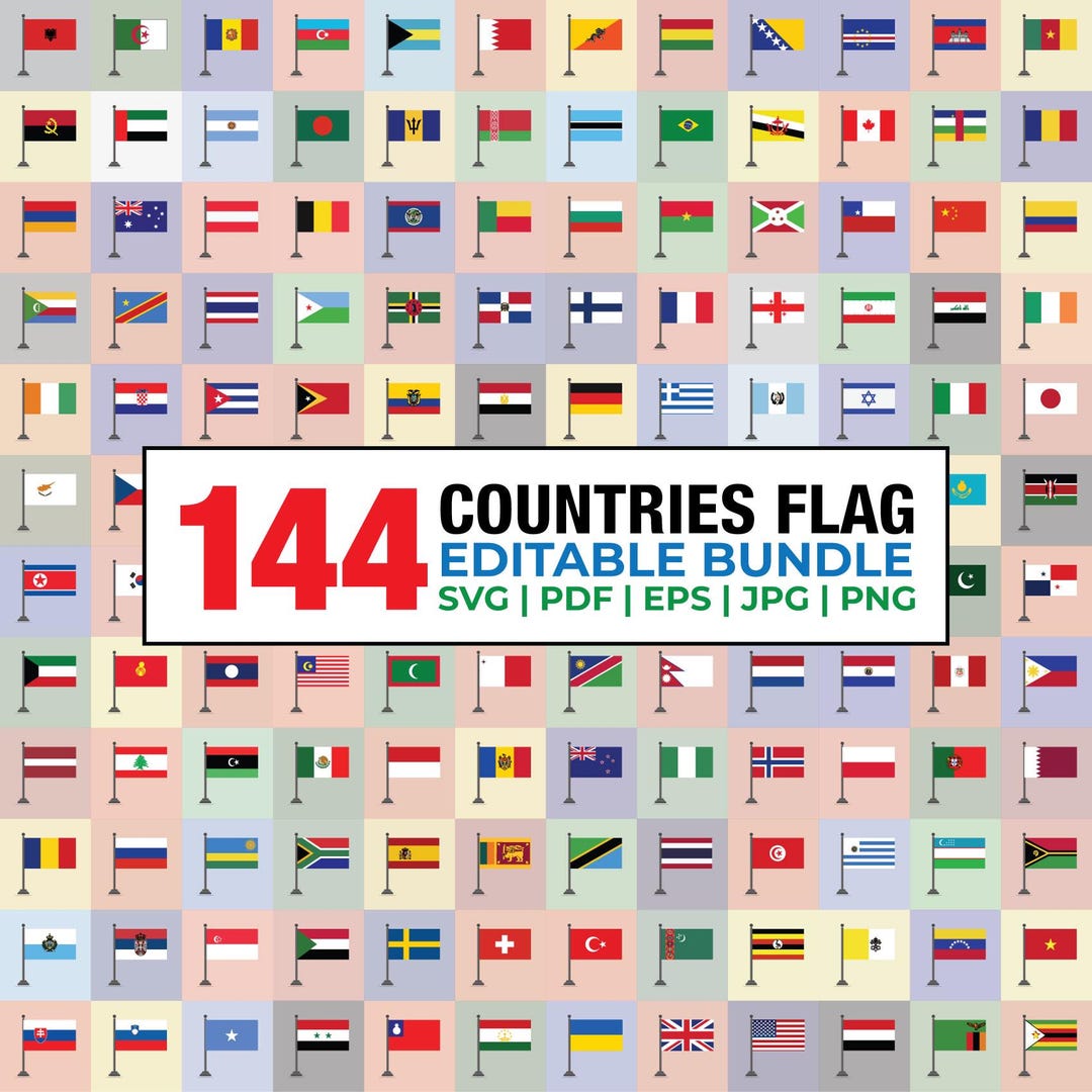 144 World Flag on Pole Svg Bundle, International Flags on Pole, Country ...