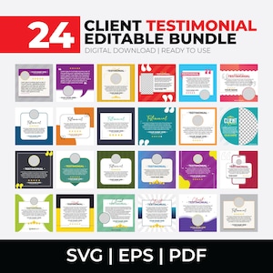 Könnte beinhalten: Ein digitales Download-Bundle mit 24 bearbeitbaren Kunden-Testimonial-Vorlagen. Die Vorlagen sind in verschiedenen Farben und Designs gehalten und bieten Platz für ein Foto, Text und einen Namen. Das Bundle enthält SVG-, EPS- und PDF-Formate.