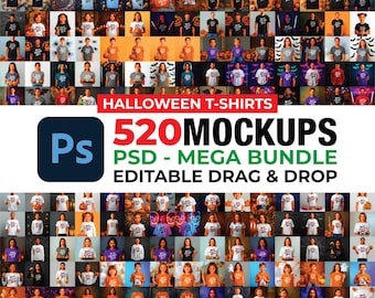 520 PSD Halloween T-Shirt Mockup Bundle, PSD Fall Halloween Shirt, Trendy Spooky Fall Halloween Shirt, Halloween Collection, White T-shirt