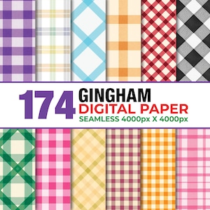 May include: A collection of 174 digital paper patterns featuring various gingham and plaid designs in multiple colours including purple, blue, orange, red, black, green, and pink. The text reads 174 GINGHAM DIGITAL PAPER SEAMLESS 4000px X 4000px.