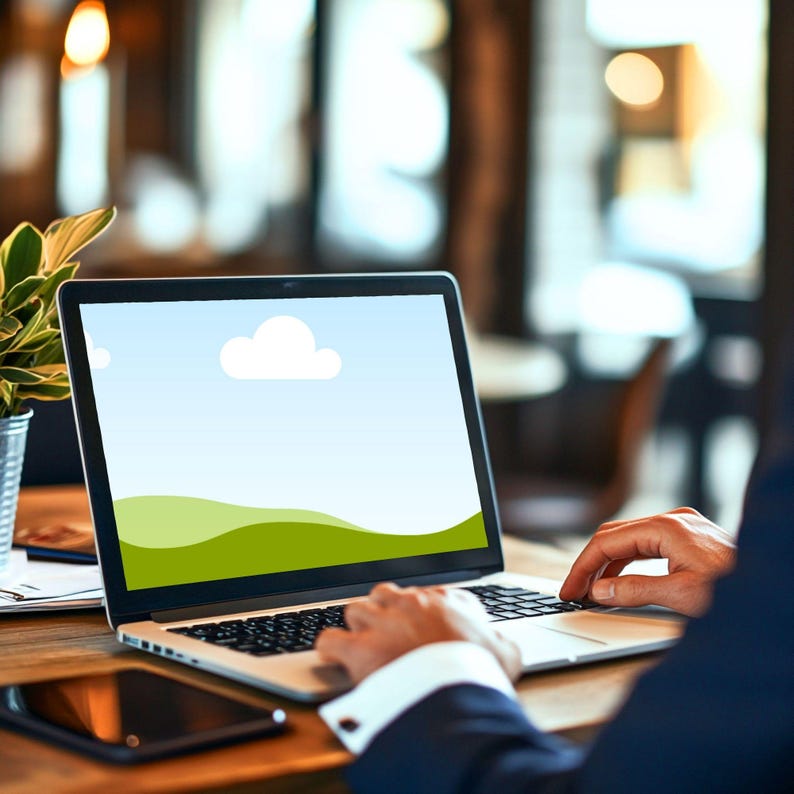 May include: A laptop computer displaying a landscape image, in use on a wooden table. A smartphone and a small potted plant are also on the table. The person using the laptop is wearing a blue blazer.