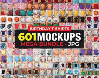 601 Birthday T-Shirt Mockup Bundle, Birthday Heavy Cotton Tee Mockup Bundle, Boho Flat Lay T-shirt Mockups, Birthday White T-shirt Mockups