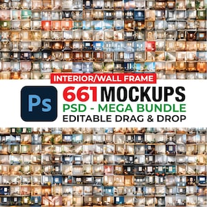 Può includere: Un'immagine composita con numerosi mockup di cornici da parete per interni. L'immagine include il testo "INTERIOR/WALL FRAME" e "661 MOCKUPS PSD - MEGA BUNDLE EDITABLE DRAG & DROP" in grassetto e a colori. È un prodotto digitale.
