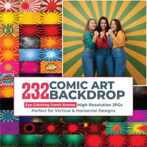 May include: A digital collection of 232 comic art backdrops featuring vibrant sunburst patterns, radial lines, and explosive graphic designs in various colors. The text 232 COMIC ART BACKDROP is displayed prominently in bold red and dark gray lettering.