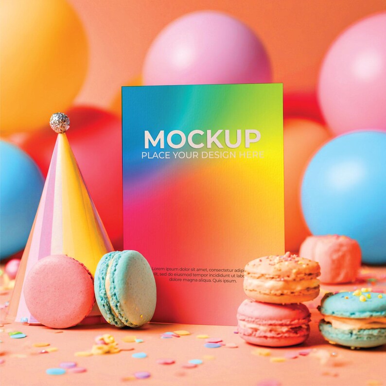May include: A colorful mockup card with the word "MOCKUP" and the text "PLACE YOUR DESIGN HERE". The card is surrounded by balloons, party hats, and macarons in various colors. Confetti is scattered on the surface.