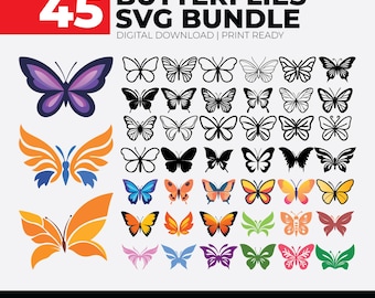 45 fjärils-SVG-paket, fjärils-SVG, fjärilssilhuett, fjärilsfiler för Cricut, fjärilsclipart, fjärilsväggdekor, Svg, Png
