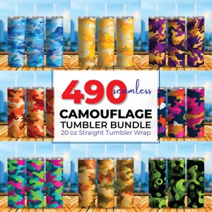 May include: A collection of 20 oz straight tumblers with various camouflage patterns. The tumblers feature designs in blue, yellow, purple, orange, pink, and green. The image includes text that reads "490 seamless camouflage tumbler bundle".