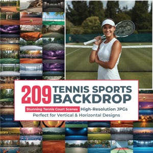 May include: A collection of 209 tennis sports backdrop images featuring various tennis court scenes, including indoor and outdoor courts, with a central image of a player holding a tennis racket and wearing a white visor and shirt.