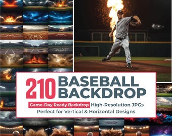 Może przedstawiać: Cyfrowa kolekcja 210 teł baseballowych przedstawiających stadiony, wybuchy i miotacza na górce. Tekst głosi 210 BASEBALL BACKDROP, Game-Day Ready Backdrop High-Resolution JPGs, Perfect for Vertical & Horizontal Designs.