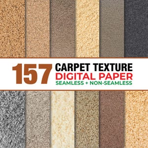 May include: A collection of 157 carpet texture digital paper files featuring seamless and non-seamless designs. The image displays various carpet pile styles and colors including tan, beige, gray, brown, and cream in a grid layout.