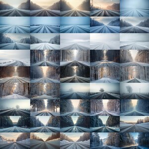 Puede incluir: Una cuadr&iacute;cula de im&aacute;genes que muestran varias escenas de carreteras invernales. Cada imagen presenta una carretera que se adentra en la distancia, flanqueada por &aacute;rboles o campos cubiertos de nieve. La paleta de colores est&aacute; dominada por blancos, azules y grises, con toques de sol.