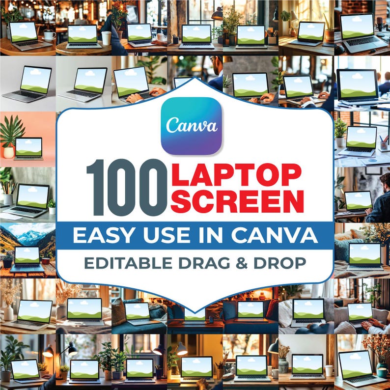 May include: A collection of laptops with green screen displays, set in diverse environments. The image includes the Canva logo and text: "100 Laptop Screen, Easy Use in Canva, Editable Drag & Drop."