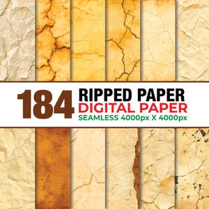 Könnte beinhalten: Eine Sammlung von 184 digitalen Papieren in verschiedenen Beige-, Braun- und Ockertönen. Die Designs zeigen zerknittertes Papier, rissige Erdoberflächen und abgerissene Kanten mit dem Text 184 RIPPED PAPER DIGITAL PAPER SEAMLESS 4000px X 4000px.