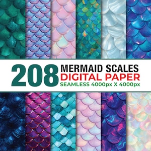 May include: A digital paper set featuring 208 mermaid scale patterns in various colors, including teal, blue, pink, and purple. The image includes the text "MERMAID SCALES DIGITAL PAPER SEAMLESS 4000px X 4000px".