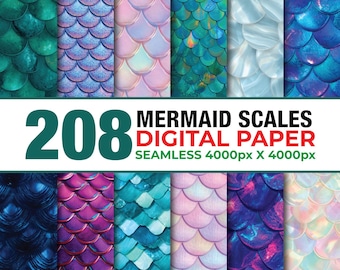 May include: A collection of 208 digital paper patterns featuring repeating mermaid scale designs in various colors including teal, purple, pink, blue, and iridescent white. The text reads 208 MERMAID SCALES DIGITAL PAPER SEAMLESS 4000px X 4000px.