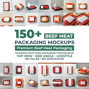 May include: A grid of various beef meat packaging mockups. The image showcases different cuts of meat in various packaging styles, including trays and wrapped options. The text reads "150+ BEEF MEAT PACKAGING MOCKUPS".