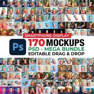 Peut inclure: Une collection de maquettes d'écrans de smartphones. L'image présente une grille de divers smartphones avec des écrans colorés, présentant différents paramètres et angles. Le texte indique "Smartphone Display" et "170 Mockups PSD - Mega Bundle Editable Drag & Drop."