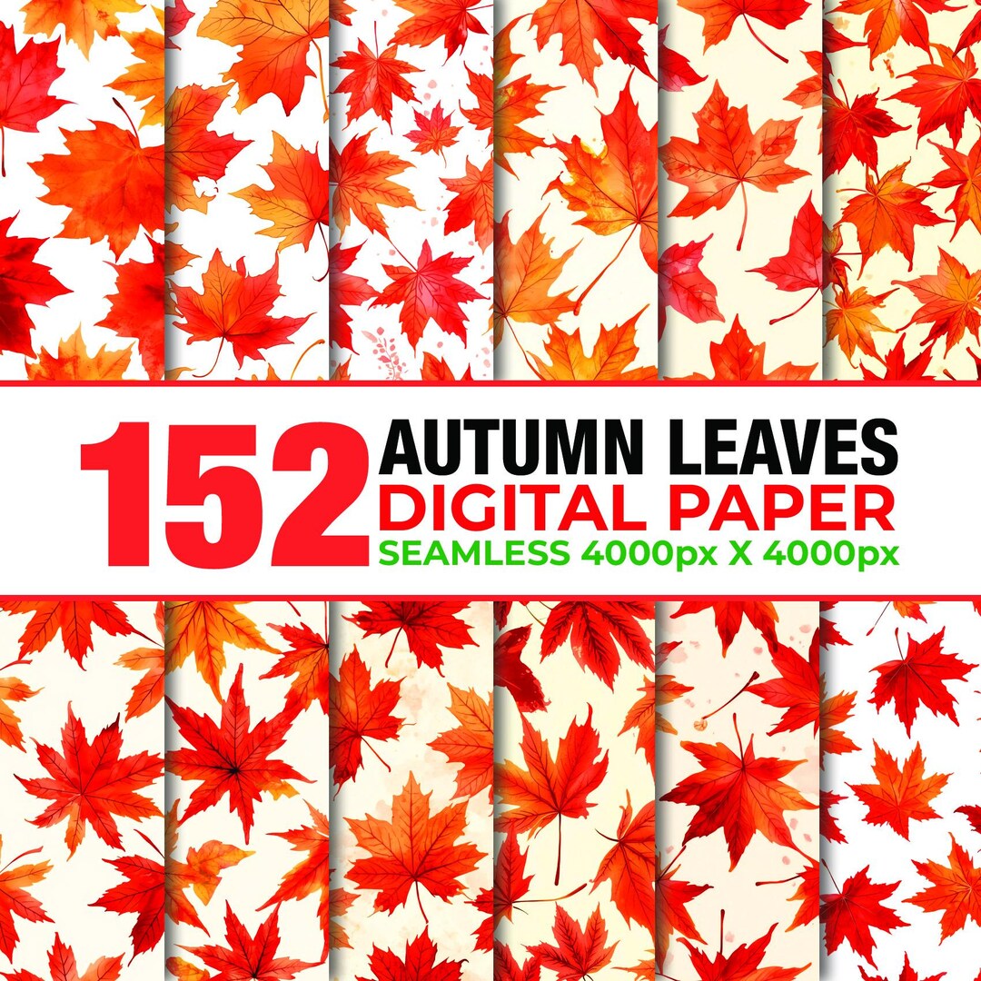 152 Fall Leaves Seamless Digital Paper, Watercolor Autumn Leaves Paper ...