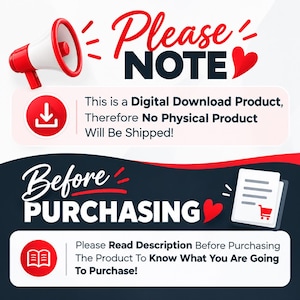 Może przedstawiać: Grafika z czerwonym megafonem i napisem Please NOTE, informująca, że jest to produkt cyfrowy bez wysyłki fizycznej. Poniżej znajduje się napis Before PURCHASING oraz ikona dokumentu z w&oacute;zkiem sklepowym.
