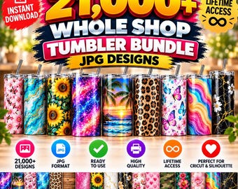 Op de afbeelding: Een digitale collectie van 21.000+ tumbler-ontwerpen in JPG-formaat. De afbeelding toont diverse cilindrische bekers met patronen zoals zonnebloemen, vlinders, luipaardprint, tropische stranden en marmer. Tekst: 21,000+ WHOLE SHOP TUMBLER BUNDLE JPG DESIGNS.