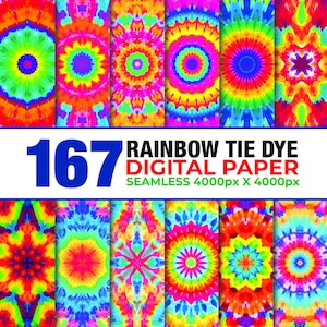 May include: A collection of colorful digital paper designs with vibrant tie-dye patterns. The image features a variety of rainbow-colored swirls and circular patterns. Text at the bottom reads "167 RAINBOW TIE DYE DIGITAL PAPER SEAMLESS 4000px X 4000px."