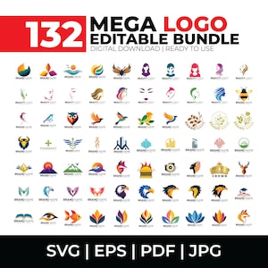 Peut inclure: Un graphisme numérique présentant 132 logos modifiables. Les logos comprennent diverses icônes telles que des oiseaux, des visages et des formes abstraites. Le texte indique "MEGA LOGO EDITABLE BUNDLE" et "TÉLÉCHARGEMENT NUMÉRIQUE | PRÊT À L'EMPLOI". Formats : SVG, EPS, PDF et JPG.
