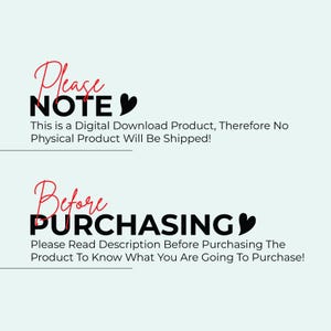 May include: A digital download product notice with the words "Please NOTE" in black and red, followed by a message stating that no physical product will be shipped. Below, the words "Before PURCHASING" are displayed.