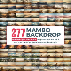 May include: A collection of 277 Mambo style backdrop images featuring various landscape scenes. The images are high-resolution JPGs with dimensions of 8000px X 4500px. The backdrop images showcase a variety of natural environments.