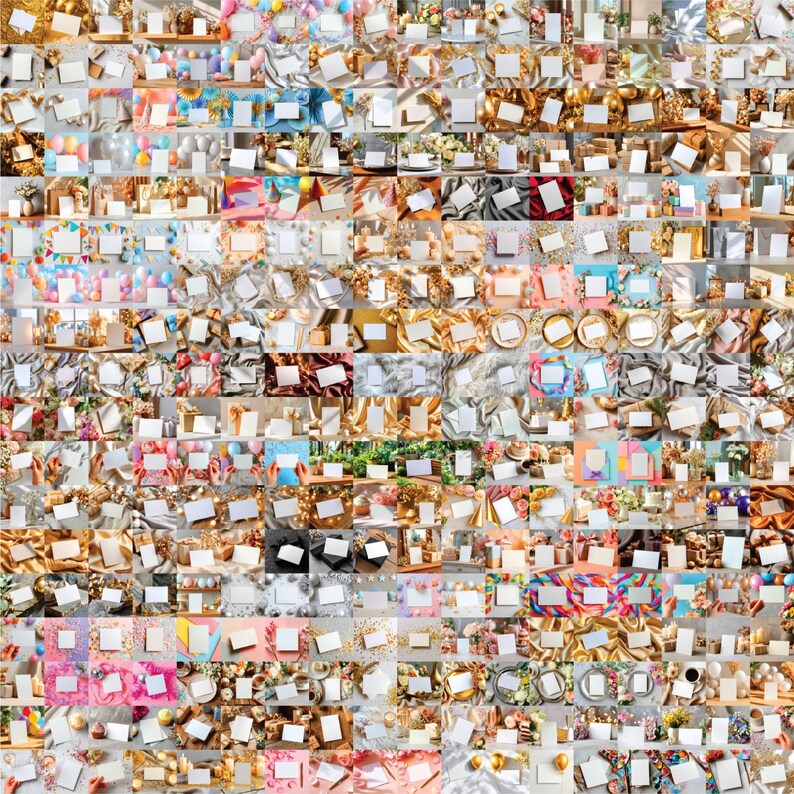 May include: A collage of various product photos, each featuring a white card or label. The backgrounds include fabric, flowers, balloons, and decorative items in a variety of colors, suggesting a theme of celebrations or events.