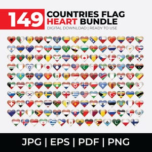 150 World Flag Heart ClipArt, International Flat Heart Flags, Heart Flags of the World, Heart Country Flags Icon Pack, Country Flags PNG