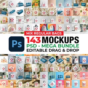 May include: A collection of various bag mockups, including tote bags, duffel bags, and drawstring bags. The bags are white, beige, and blue, with a red and white logo. Text on the image reads "MIX REGULAR BAGS" and "143 MOCKUPS".