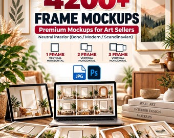 Może przedstawiać: Cyfrowa prezentacja produktu zawierająca 4200+ Frame Mockups for Art Sellers. Obraz przedstawia ekran laptopa i tabletu z różnymi makietami wnętrz, wraz z wydrukowanymi próbkami oraz etykietami dla plików JPG i Photoshop.