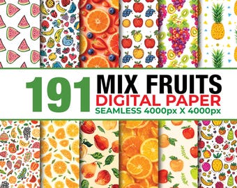 191 Whimsical Fruits Seamless Digital Paper, Watercolor Fruit Texture Paper, Mix Fruit Pattern Seamless, Food Themed Scrapbook, Summer Fruit
