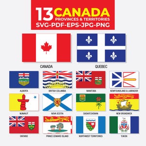 May include: A graphic showing the flags of Canada and its 13 provinces and territories. The flags are rectangular and feature diverse designs, including the Canadian maple leaf and provincial symbols. Text at the top reads "13 CANADA PROVINCES & TERRITORIES".