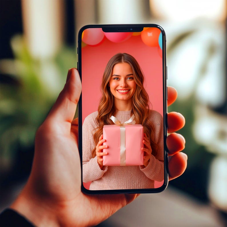 Może przedstawiać: Czarny smartfon wyświetlający cyfrowy obraz osoby z długimi brązowymi włosami w beżowym swetrze, trzymającej małe r&oacute;żowe pudełko prezentowe przewiązane białą wstążką na koralowo-r&oacute;żowym tle z kolorowymi balonami u g&oacute;ry.